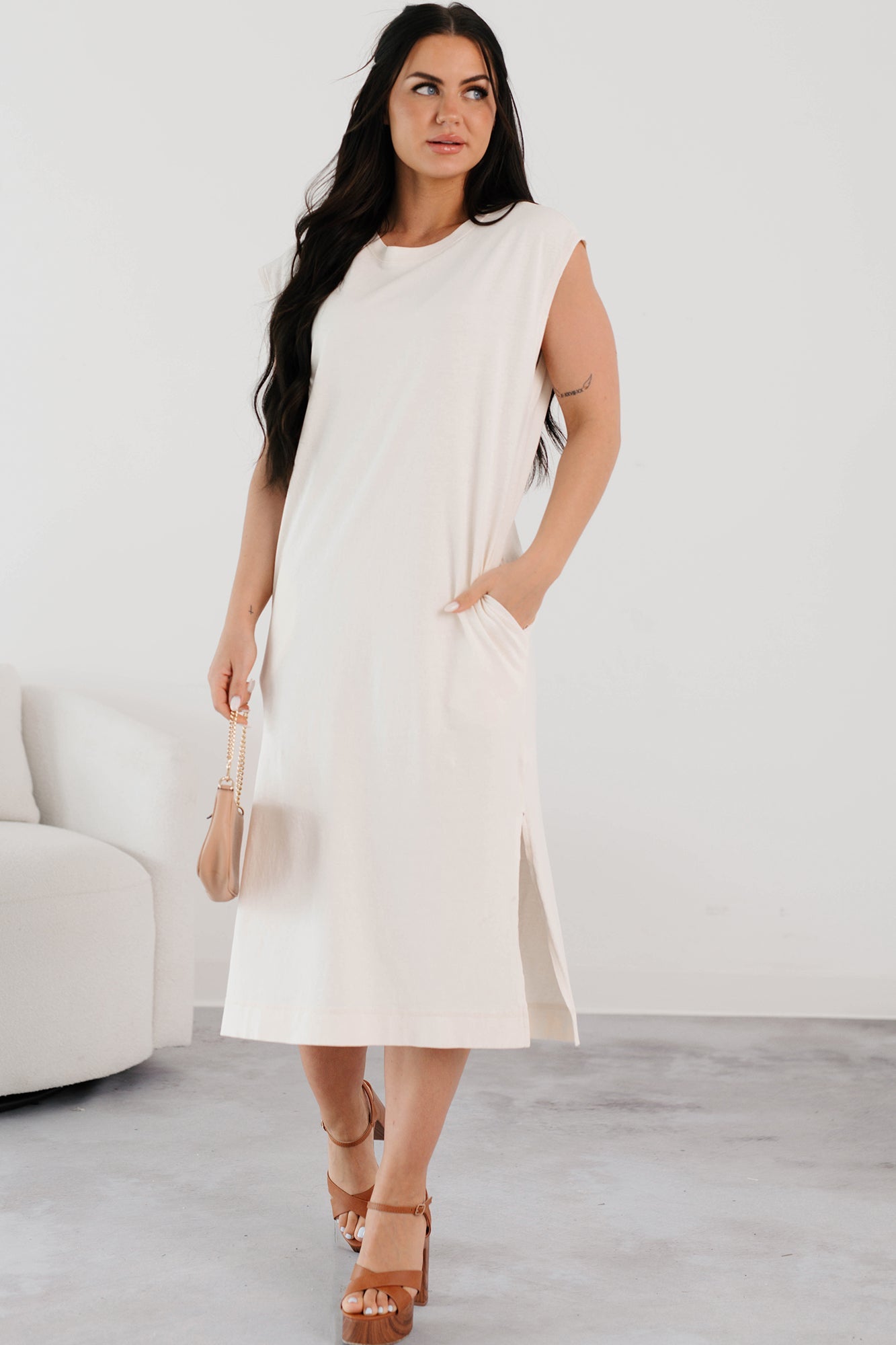 Sundays In Bed Sleeveless Midi Dress (Ivory)