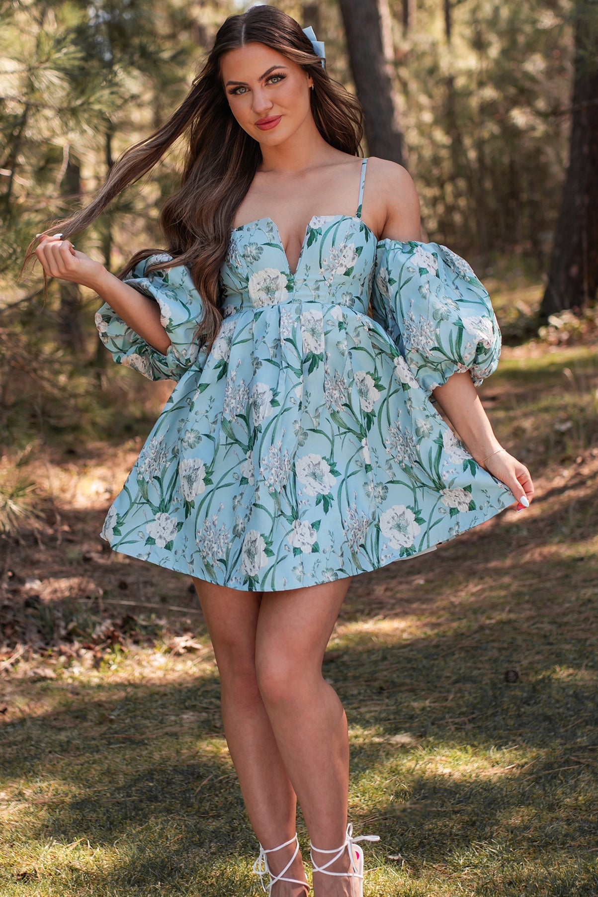 The Beauty Within Off The Shoulder Floral Mini Dress (Aqua Blue)
