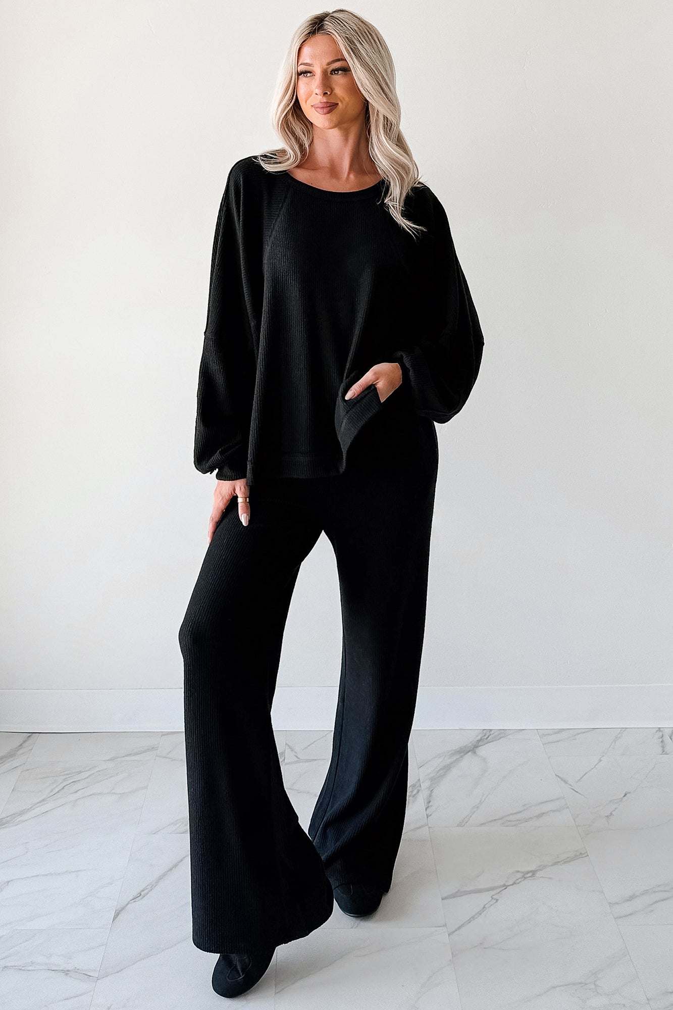 Still Breathing Waffle Knit Long Sleeve Top (Black)