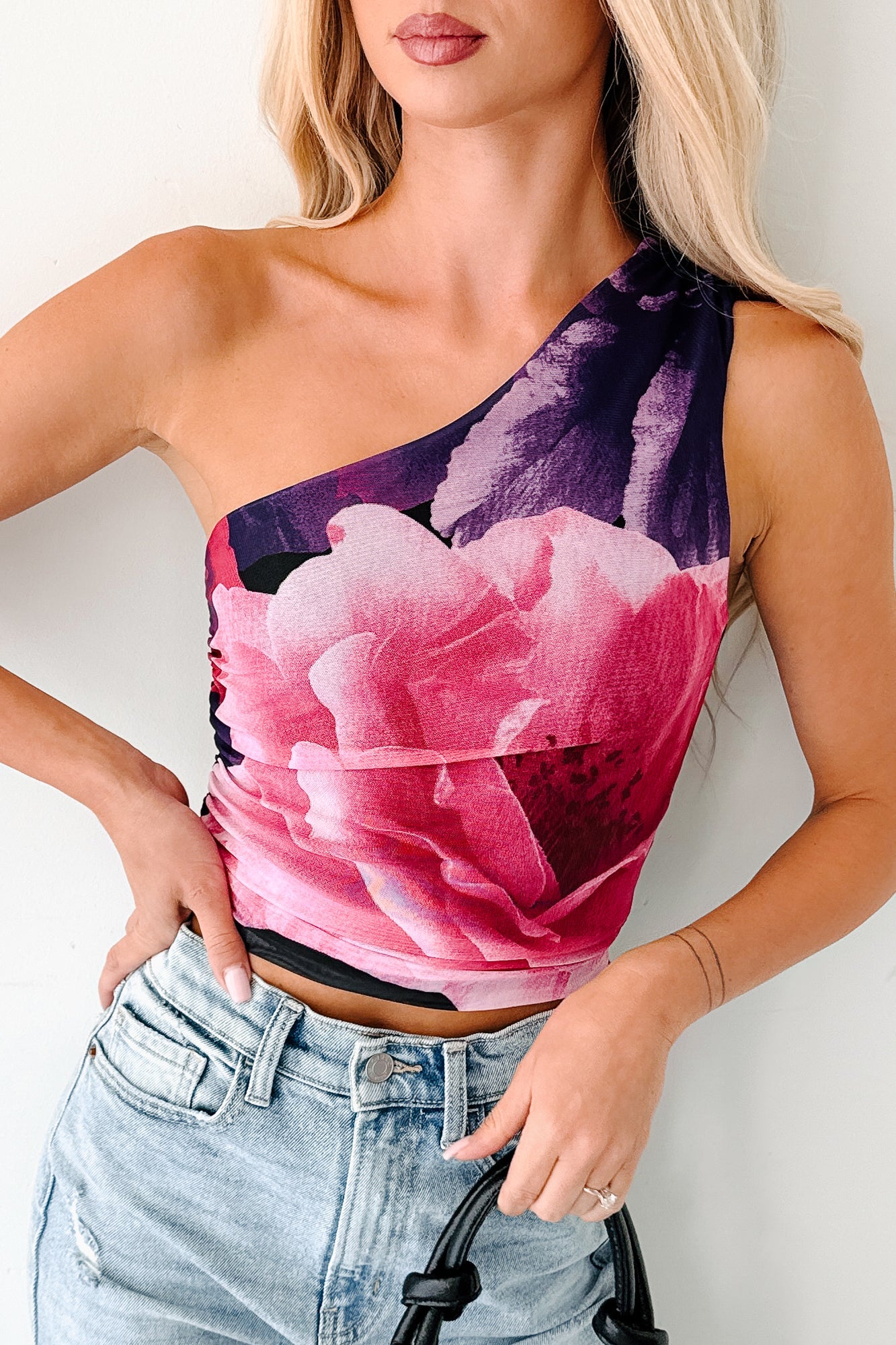 Soft Reign One Shoulder Floral Mesh Top (Purple/Pink)