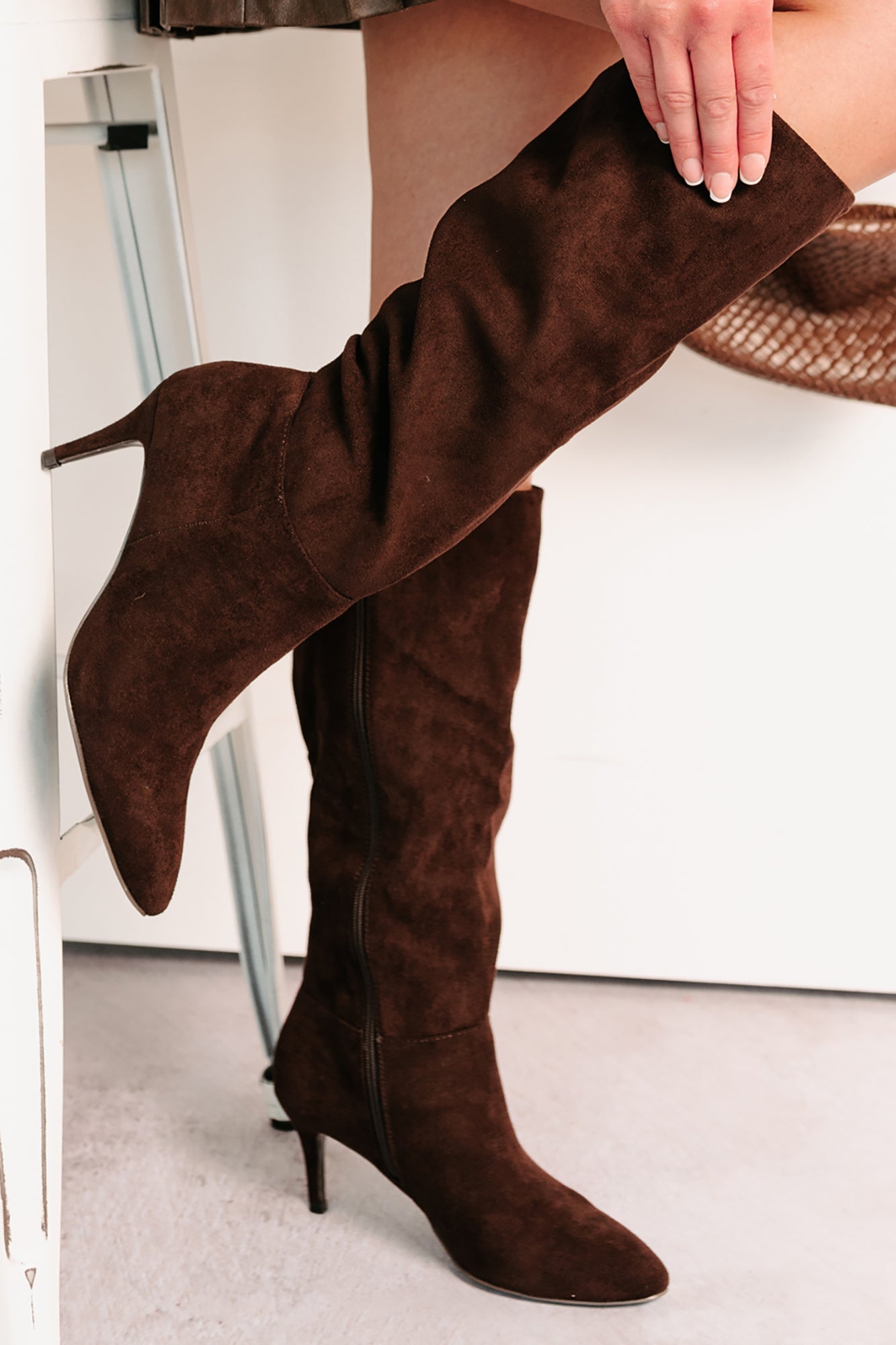 Staying Strong Faux Suede Stiletto Heel Boots (Brown)